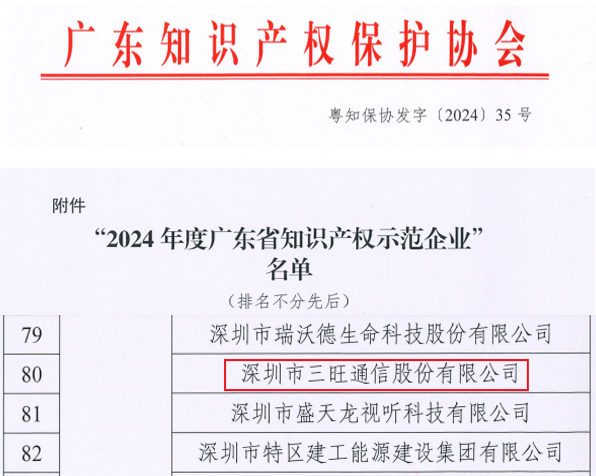 “軟實力 ”！三旺通信被認定為廣東省知識產權示范企業