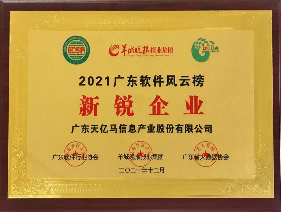 熱烈祝賀天億馬榮登2021廣東軟件風云榜
